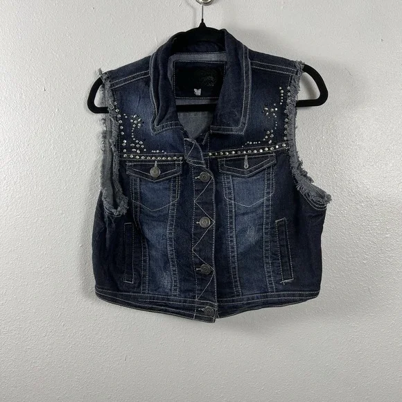 Wallflower Women's XL Dark Wash Studded Denim Vest Frayed Cropped Blue Jacket XL - Picture 1 of 11